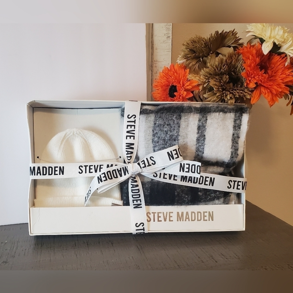 Steve Madden White Beanie and Black Plaid Scarf Set